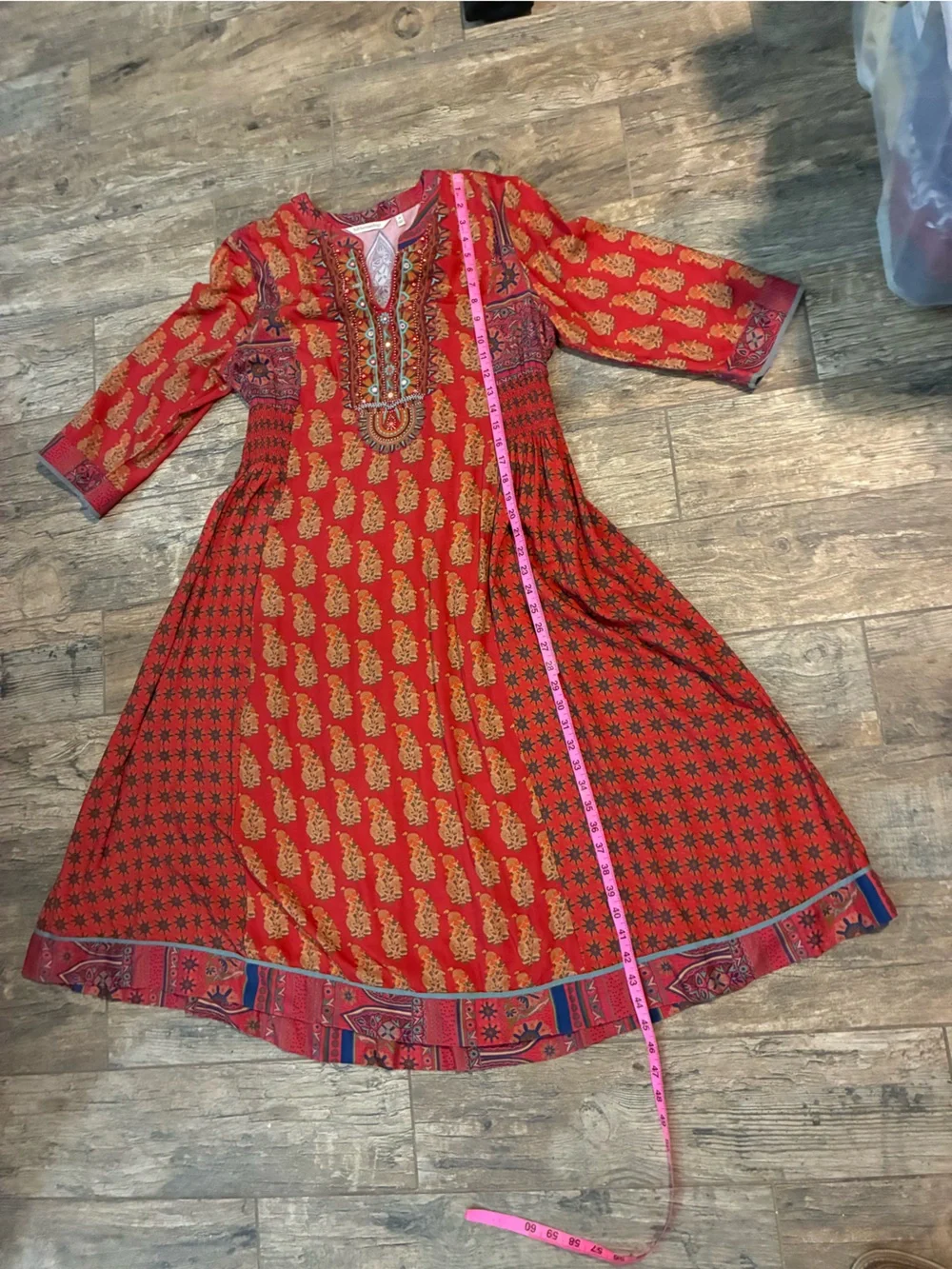 Women’s Soft Surroundings Red & orange boho Printed Midi Dress w bell sleeves - Picture 6 of 6